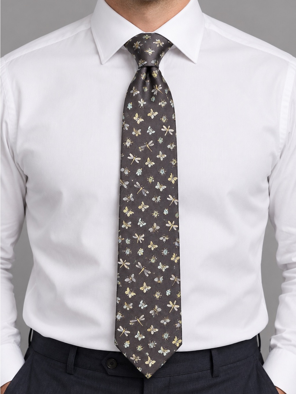 SALVATORE FERRAGAMO Dark Gray Butterfly Floral Motif Silk Tie
